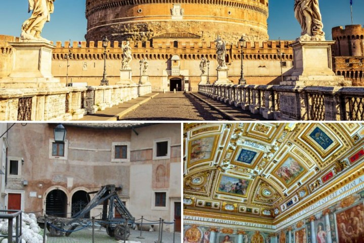 Three images: historic castle with statues, courtyard with cannon, ornate ceiling in a decorated room.